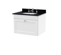 Swynnerton Traditional 1 Drawer Wall Hung Vanity Unit with Marble Basin, Satin White, 600mm