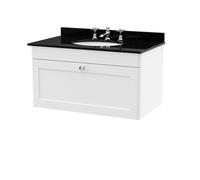 Swynnerton Traditional 1 Drawer Wall Hung Vanity Unit with Marble Basin, Satin White, 800mm
