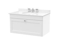 Swynnerton Traditional 1 Drawer Wall Hung Vanity Unit with Marble Basin, Satin White, 800mm