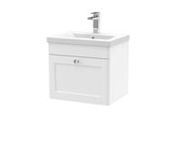 Swynnerton Traditional 1 Drawer Wall Hung Vanity Unit with Mid-Edge Basin, Satin White, 500mm