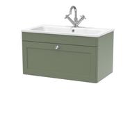 Swynnerton Traditional 1 Drawer Wall Hung Vanity Unit with Stone Basin, Satin Green, 800mm