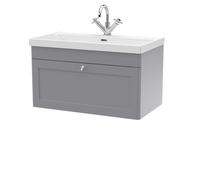 Swynnerton Traditional 1 Drawer Wall Hung Vanity Unit with Thin Edge Basin, Satin Grey, 800mm