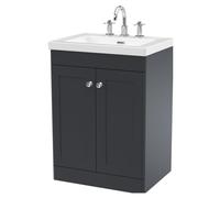 Swynnerton Traditional 2 Door Floor Standing Vanity Unit with Fireclay Basin, Dark Grey, 600mm