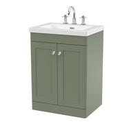 Swynnerton Traditional 2 Door Floor Standing Vanity Unit with Fireclay Basin, Satin Green, 600mm