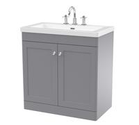Swynnerton Traditional 2 Door Floor Standing Vanity Unit with Fireclay Basin, Satin Grey, 800mm