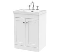 Swynnerton Traditional 2 Door Floor Standing Vanity Unit with Fireclay Basin, Satin White, 600mm