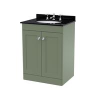 Swynnerton Traditional 2 Door Floor Standing Vanity Unit with Marble Basin, Satin Green, 600mm