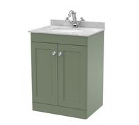 Swynnerton Traditional 2 Door Floor Standing Vanity Unit with Marble Basin, Satin Green, 600mm