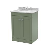 Swynnerton Traditional 2 Door Floor Standing Vanity Unit with Marble Basin, Satin Green, 600mm