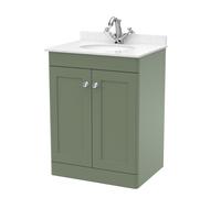 Swynnerton Traditional 2 Door Floor Standing Vanity Unit with Marble Basin, Satin Green, 600mm