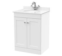 Swynnerton Traditional 2 Door Floor Standing Vanity Unit with Marble Basin, Satin White, 600mm