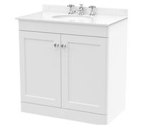 Swynnerton Traditional 2 Door Floor Standing Vanity Unit with Marble Basin, Satin White, 800mm