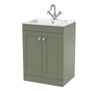 Swynnerton Traditional 2 Door Floor Standing Vanity Unit with Stone Basin, Satin Green, 600mm