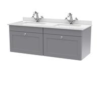 Swynnerton Traditional 2 Drawer Wall Hung Vanity Unit with Double Marble Basin, Satin Grey, 1200mm