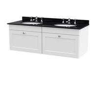 Swynnerton Traditional 2 Drawer Wall Hung Vanity Unit with Double Marble Basin, Satin White, 1200mm