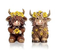 SWZY 2Pack Highland Cow Ornament With Sunflower,Resin Cows Figurines,For Home Decor | Ideal Ornaments Friendship Gifts For Women & Men|Lovely Table Centerpiece & Living Room Accessories (A)