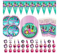 SWZY 49pcs Makeup Birthday Party Supplies,Plate, Paper Cup, Cake Topper, Balloon, Banner, Spa Birthday Supplies - 10 people