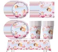 SWZY 51pcs Fairy Flower Birthday Party Supplies, Flower Party Tableware,Paper Plates, Napkins, Paper Cups,Tablecloth, Fairy Tableware-10 people