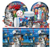 SWZY 91 Pcs Halloween Party Tableware - Clown & Blood Pattern - Includes Plates, Cups, Straws, Napkins, Tablecloth - Red, White, Yellow - Perfect for Halloween Parties