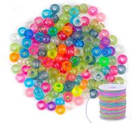 SWZY Bead Combination, Color Acrylic Scattered Beads, Colors 6x9mm Bulk Luminous Pony Beads, 1.0mm Rainbow Color Stretch String Rope, Colorful Elastic Cord, for DIY Crafts Jewelry Bracelets Necklaces