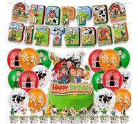 SWZY Farm Theme Birthday Party Supplies Set,Birthday Decoration Animation Farm Stickers,Farm Animal Theme Latex Balloons,Farm Cartoon Cake Toppers,Happy Birthday Banner