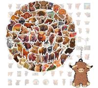 SWZY Highland Cow Stickers and Cow Keychain Set, 100pcs Cow Sticker Key Ring & Brown Cow Keyring Pendant Keychains for Kids Adults, Waterproof Animal Party Stickers for Water Bottle Scrapbook