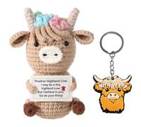 SWZY Positive Highland Cow with Highland Cow Keyring,Cute Animal Crochet with Positive Card Emotional Doll Toy,Funny Positive Gifts for Women Men Valentines Birthday Graduation Present