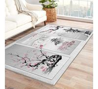 Sxakswol Japanese Cherry Blossoms Carpet Gray Asian Style Rug Area Rugs for Living Room or Bedroom Soft Short Pile Carpets 100x150 cm 3D Non Slip Washable Floor Mat Indoor Door Matts Y4282