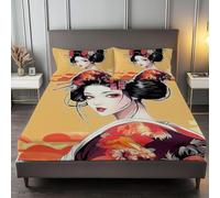 Sxakswol Japanese Geisha Fitted Sheet Single Bed Japanese Style 3D Fitted Sheets Deep Pocket 12 inch 30 cm Bottom Sheet Ultra Soft Microfibre Bedding Set with 2 Pillowcases a.7783