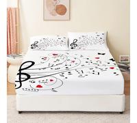 Sxakswol Musical Note Fitted Sheet Single Bed White 3D Fitted Sheets Deep Pocket 12 inch 30 cm Bottom Sheet Ultra Soft Microfibre Bedding Set with 2 Pillowcases a.2953
