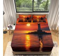 Sxakswol Ocean Fitted Sheet Small Double 4ft Sunrise Landscape 3D Fitted Sheets Deep Pocket 12 inch 30 cm Bottom Sheet Ultra Soft Microfibre Bedding Set with 2 Pillowcases a/2330