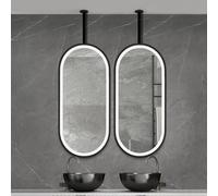 SXBHDM Metal Frame LED Illuminated Mirror Ceiling Mounted Bathroom Vanity Mirror, Ceiling Oval Hanging Suspended Mirrors for Bedroom Hallway Living Room, Black(50cmx60cm)