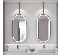SXBHDM Oval Ceiling Hanging Bathroom Mirror with LED Lights, Ceiling Suspended Mirror with Metal Frame and Hanging Rod, Wall Mounted Makeup Vanity Mirrors, Gold/White/Black(Gold,40cmx70cm)