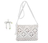 SXCCNW Women's Crochet Bag Shoulder Bag Summer Beach Small Straw | Straw Shoulder Bag Vintage Beach Bag with Tassel Keyring with Bow for Travel on Summer Holidays (25 x 19 cm)