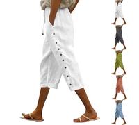 SXcggal Linen Cropped Trousers Women Petite UK Summer Side Button Capri Pants Linen Trousers Womens Elastic Waist Drawstring Cropped Pants Casual Lightweight Straight Leg Bottoms with Pockets