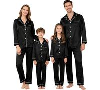 SXcggal Mommy And Me Christmas Pajamas 2025 Silk Satin Pajamas Set For Women Men Long Sleeve Button Down Pjs Sleepwear Comfy Xmas Holiday Loungewear Jammies Black