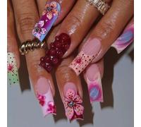 Sxett 24Pcs Flower Press On Nails Full Coverage 3D Floral Designs False Nails Long Square Artificial Nails For Women And Girls