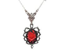 Sxett Metal Gothic Red Rose Cameo In Thorns Frame Pendant Necklace Retro Rose Flower Necklace Goth Punk Necklace Jewelry Gift, as described, as described