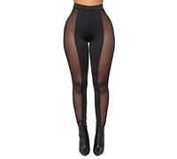 Sxglamr Women's See Through Leggings Sexy Elastic Pencil Sheer Pants Black Mesh High Waist Casual Tights, Black Mesh, Large