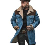 SXHEYUY Men Fleece Jacket Suede Leather Fur Retro Coat Western Vintage Midi Parka Coat,Blue,M
