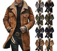 SXHEYUY Men Fleece Jacket Suede Leather Fur Retro Coat Western Vintage Midi Parka Coat,Brown,XL