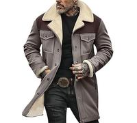 SXHEYUY Men Fleece Jacket Suede Leather Fur Retro Coat Western Vintage Midi Parka Coat,Gray,L
