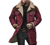 SXHEYUY Men Fleece Jacket Suede Leather Fur Retro Coat Western Vintage Midi Parka Coat,Red,3XL