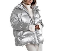 SXHEYUY Women Puffer Down Coat Shiny Warm Hooded Winter Coats Lightweight Parka Jacket,Silver,L