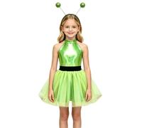 Sxiwei Alien 2 Pcs Outfit Girls Alien Outfit Roleplay Green 5-6 Years | Astronaut Play Outfit,Robot Performance Dress,Halter Neck,Ballet Tutu,Dress with Headband,Outerspace Costume,Robot