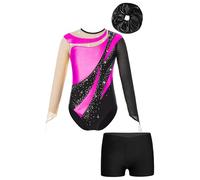 Sxiwei Gymnastics Leotards for Girls Long Sleeve Leotard Athletic Outfit with Shorts Hair Band Figure Ice Skating Hot Pink&Black 5-6 Years
