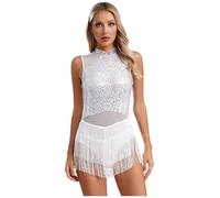 Sxiwei Women Glitter Sequin Ballet Leotard Tassel Fringed Latin Dance Dress Jazz Performance Costume White S