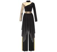 Sxiwei Women Worship Praise Dance Outfit Long Sleeve Asymmetrical Dress Metallic Pants Liturgical Dancewear Black S