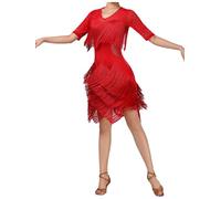 Sxiwei Women's Fringe Latin Cha Cha Dance Competition Dress Rhinestones Half Sleeves Tango Salsa Dance Skirt Red M