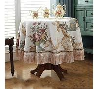 SXJC Round Chenille Table Cloth Fringed Lace Tablecloths Washable, Table Cover for Kitchen Dinning Party,vintage Style,khaki-Diameter140cm/55inch
